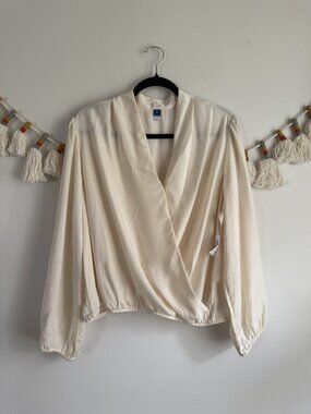 Old Navy Long Sleeve Wrap Satin Top Creme De La Creme Neutral Modest Dressy NWT